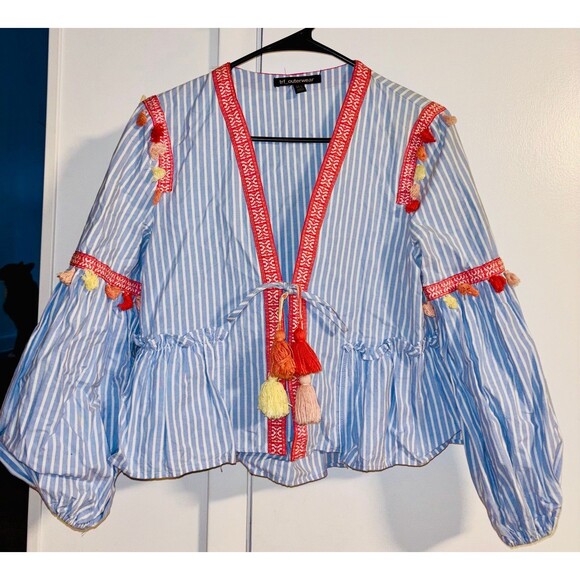 ZARA TRF Collection Boho Embroidered Tasselled Blue Peasant Blouse Jacket Small - Picture 2 of 7